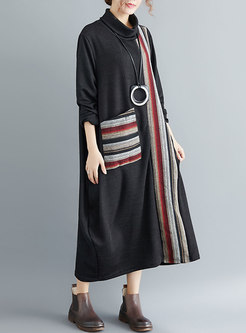 Stylish Striped Splicing High Neck Loose Maxi Dress