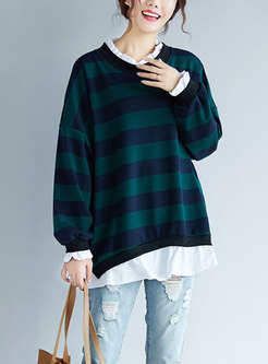 Chic Striped Splicing Ruffled Collar Asymmetric Sweatshirt