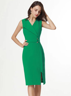 Trendy Green V-neck Sleeveless Belted Dress With Split