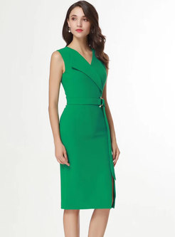 Trendy Green V-neck Sleeveless Belted Dress With Split