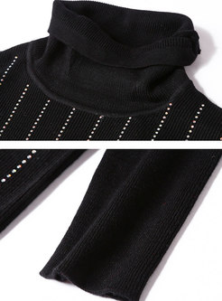 Black Plus Size Turtle Neck Striped Knitting Dress