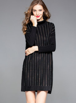 Black Plus Size Turtle Neck Striped Knitting Dress
