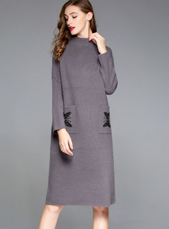 Autumn Fashion Wool Sweater Dress With Beaded Pockets