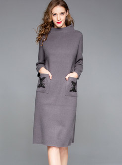 Autumn Fashion Wool Sweater Dress With Beaded Pockets