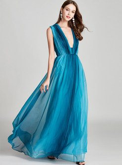 Deep V-neck Color-blocked Slit Chiffon Prom Dress