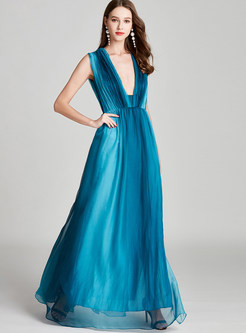 Deep V-neck Color-blocked Slit Chiffon Prom Dress