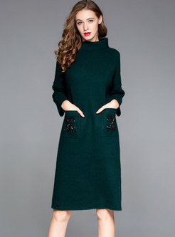 Autumn Green Wool Sweater Dress With Beaded Pockets