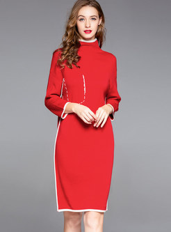 Trendy Red Color-blocked High Neck Sweater Dress