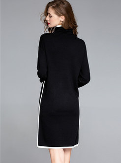 Trendy Black Color-blocked High Neck Sweater Dress