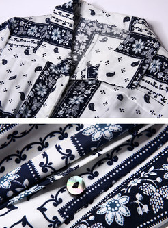 Stylish Turn-down Collar Geometric Silk-cotton Midi Dress