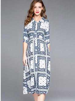 Stylish Turn-down Collar Geometric Silk-cotton Midi Dress