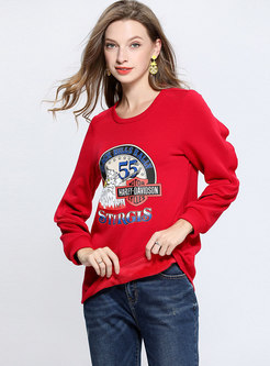 Stylish Red Print O-neck Falbala Sweatshirt