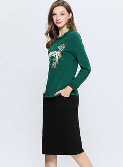 Brief Print O-neck Slim Sweatshirt & Elastic Waist Slim Skirt