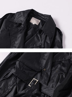 Trendy Black Turn Down Collar Belted Slim Trench Coat
