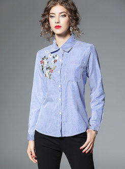 Blue Turn-down Collar Striped Embroidered Blouse