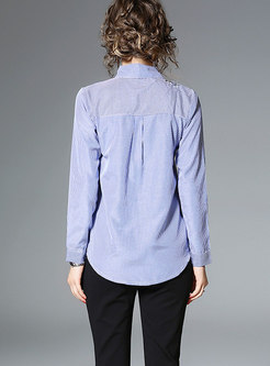 Blue Turn-down Collar Striped Embroidered Blouse