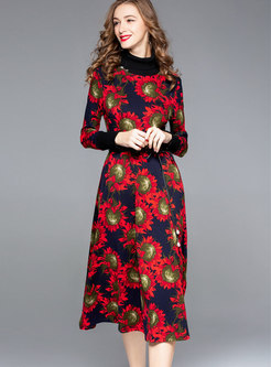 Winter Printed Belted Slim A Line Bottoming Dress