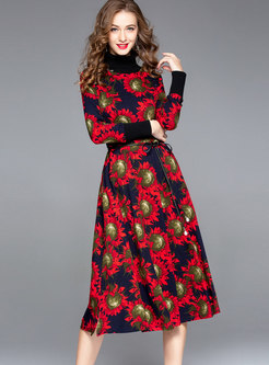 Winter Printed Belted Slim A Line Bottoming Dress