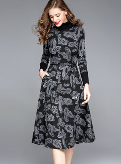 Winter Deep Grey Printed Belted Slim A Line Bottoming Dress