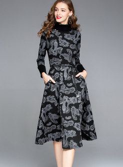Winter Deep Grey Printed Belted Slim A Line Bottoming Dress