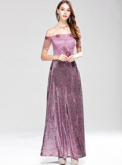 Lace Sequined Slash Neck A Line Prom Dress