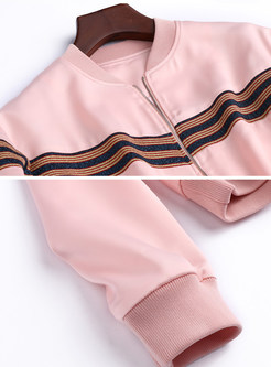 Pink Striped Splicing Zip-up Short Jacket