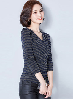 Casual Striated V-neck Long Sleeve Slim Sweater