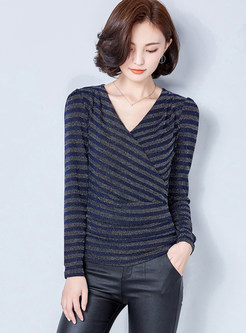 Casual Striated V-neck Long Sleeve Slim Sweater
