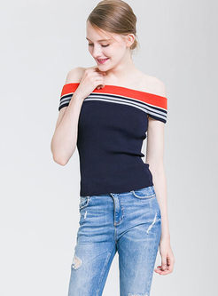 Sexy Striped Splicing Hollow Out Slim Knitted Top