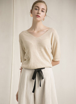 V-neck Half Sleeve Slim Easy-matching Knitted Top