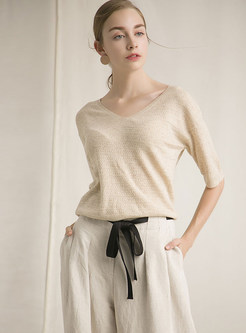 V-neck Half Sleeve Slim Easy-matching Knitted Top