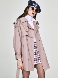 Turn Down Collar Solid Color Belted Trench Coat