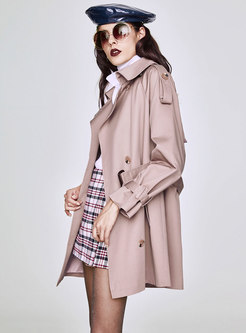 Turn Down Collar Solid Color Belted Trench Coat