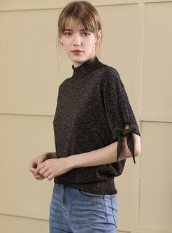  Casual High Neck Short Sleeve Bowknot Knitted Top