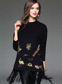 Embroideried Fringed Cashmere Pullover Sweater