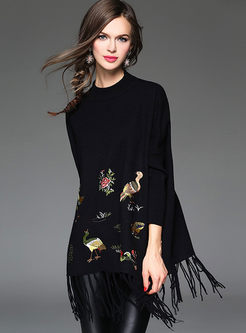 Embroideried Fringed Cashmere Pullover Sweater
