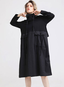 Black Splicing Hooded Long Sweatshirt Dress