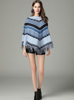 Chic Striped Tassel Patch Asymmetric Sweater