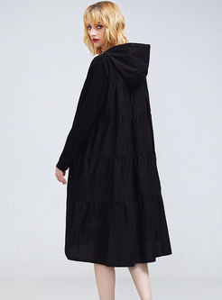 Casual Black Hooded Splicing Shift Dress