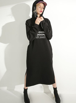 Fashion Hooded Collar Letter Print Long Sweatshirt Dress