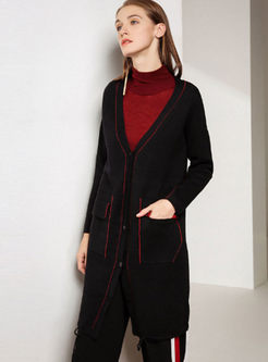 Loose Color-blocked V-neck Pocket Zip-up Knitted Coat