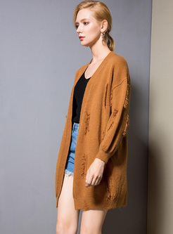 Solid Color Loose Frayed Knitted Sweater