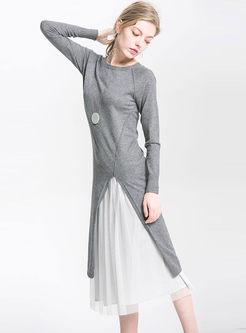 Fashionable Pure Color O-neck Slit Knitted Dress