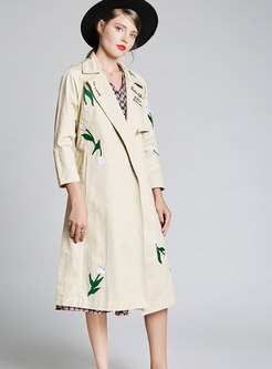 Fashion Khaki Embroidered Plus Size Knee-length Trench Coat 