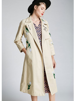 Fashion Khaki Embroidered Plus Size Knee-length Trench Coat 