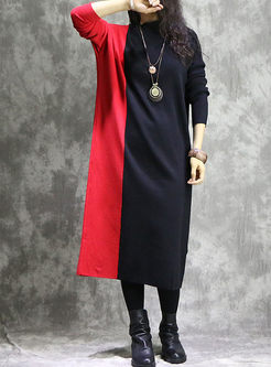 Loose Color-blocked Turtle Neck Shift Knitted Dress