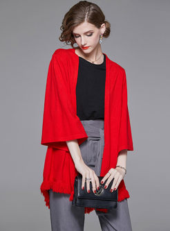Stylish Red Asymmetric Tassel Patch Cardigan