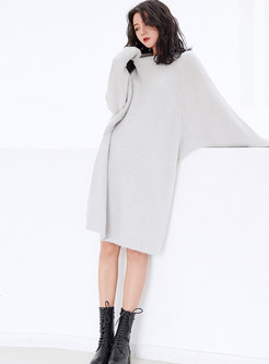 Pure Color O-neck Bat Sleeve Pullover Knitted Dress