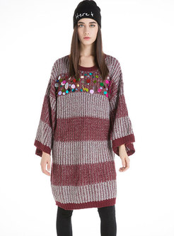 Winter O-neck Striped Drop Shoulder Sleeve Knitted Dress
