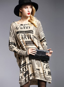 Print O-neck Loose Pullover Knitted Dress